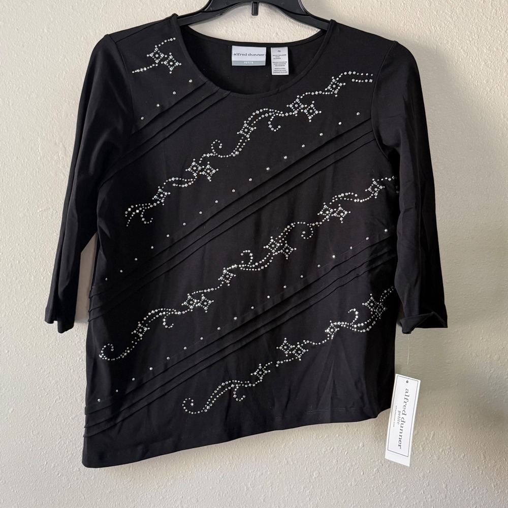 NWT Alfred Dunner Petite Black Rhinestone Pintuck Top 38955 KI PM